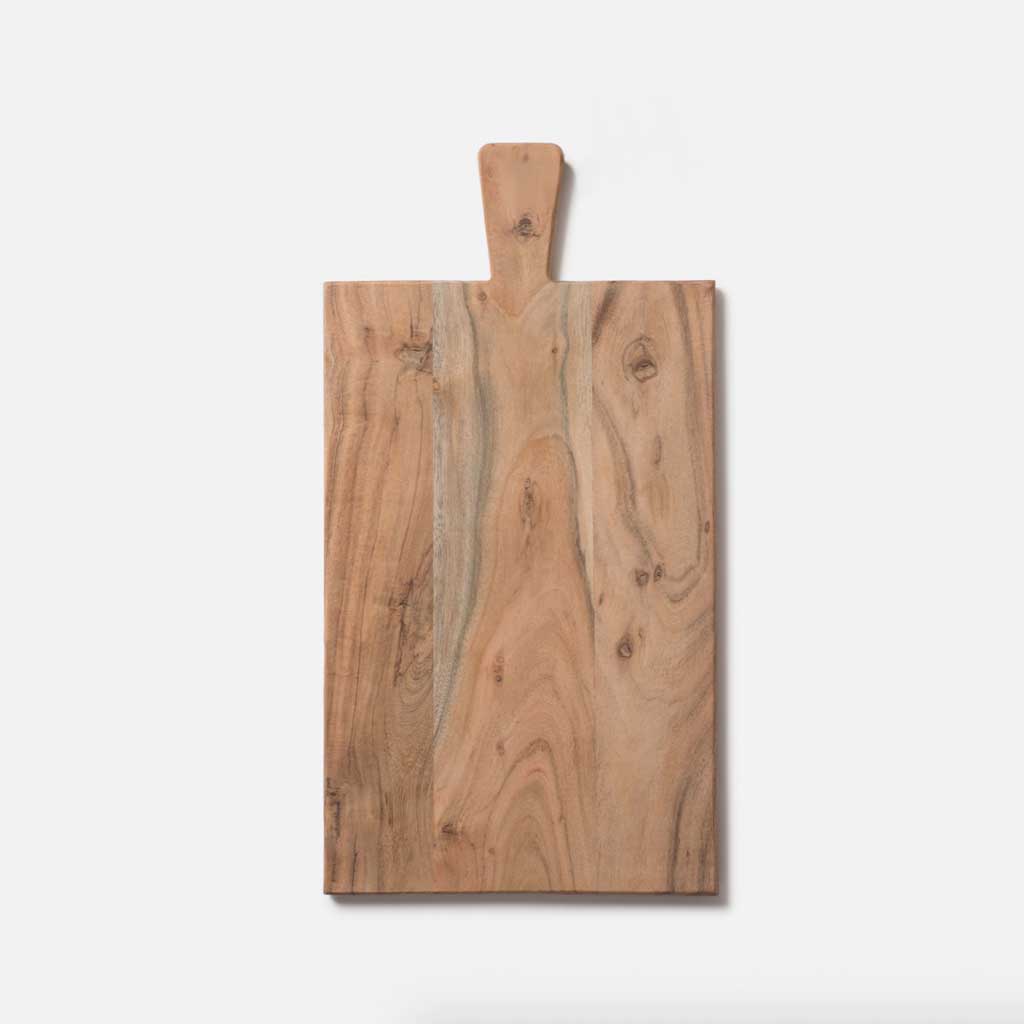Made from richly grained acacia wood, a rectangular chopping board makes a beautiful, enduring addition to any kitchen.